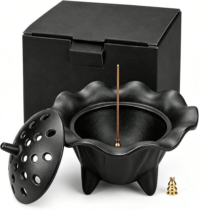 Cast Iron Incense Holder Lotus Smudge Pot for Sticks Cones Sage Palo Santo Meditation Home Witchy Decor
