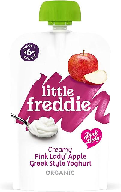 Little Freddie Organic Baby Food Stage 1 from 6 Months Creamy Apple Greek Style Yoghurt 6x100g, Pink Lady Yoghurt, 600 Gram