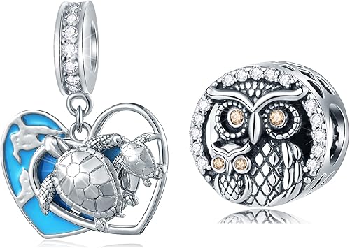 Juego de dijes de animales para pulseras Pandora, dijes de búhos sabios y tortugas madrehijo, juego de joyas en plata de ley 925, regalos para