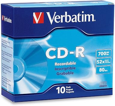 أقراص Verbatim CD-R فارغة 700 ميجابايت 80 دقيقة 52X قرص قابل للتسجيل للبيانات والموسيقى - 10 حزم حالات نحيفة