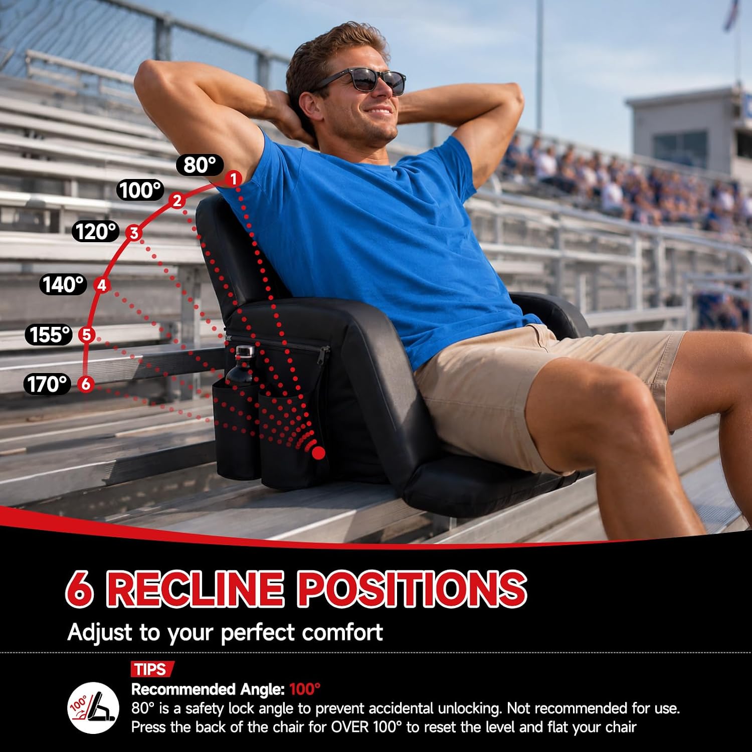 Stadium Seats with Back Support, 2 Pack 2.6'' Thick Bleacher Chairs with Back and Cushion, 6 Reclining Bleacher Seat, Folding Stadium Chairs with Armrests, Hook, Cupholder for Outdoor Sport Concert