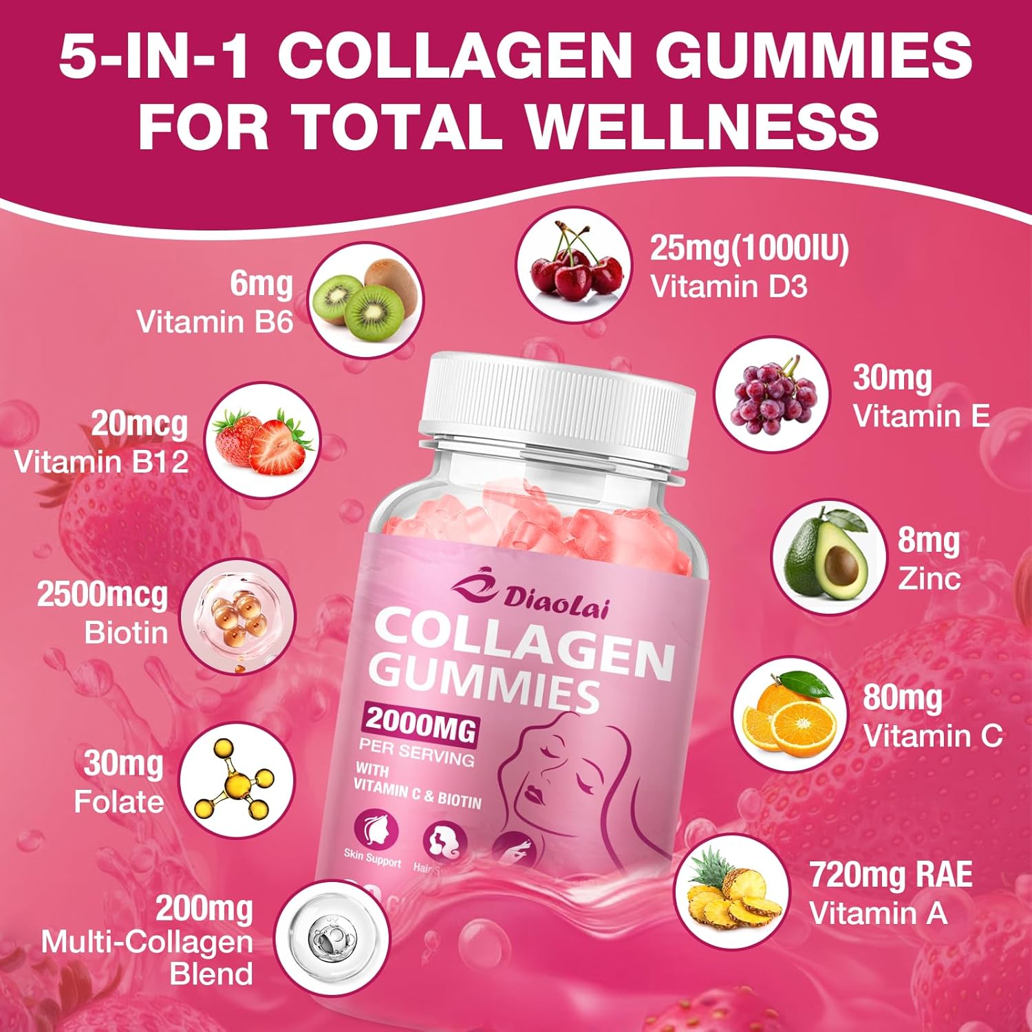 Sugar-Free Multi Collagen Gummies for Women & Men – Types I, II, III, V, X with Biotin, Vitamin C & Zinc for Hair, Skin & Nails | Strawberry Flavor | 120 Gummies - Image 5