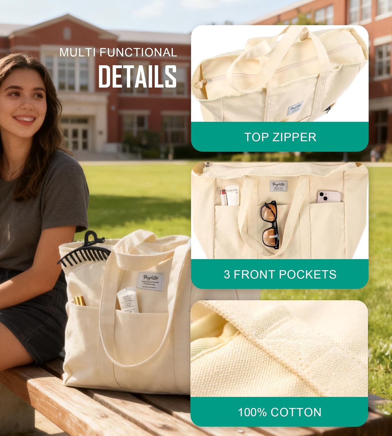 Extra Large Canvas Tote for Women Men, Utility Work Bag with Zipper - Image 3