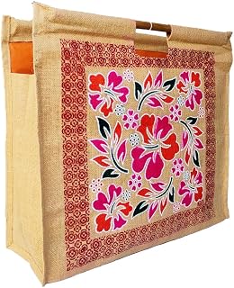 Floral Jute Shopping Bag,Jute Bag Medium Size 53 x 48 x 16 cm, Pink and Red Flower Multi Design with Wooden Handles (Desig... Price In India