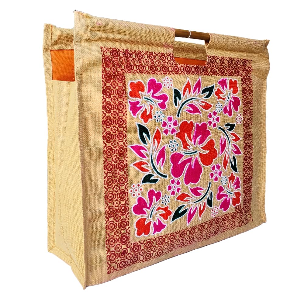 Floral Jute Shopping Bag,Jute Bag Medium Size 53 x 48 x 16 cm, Pink and Red Flower Multi Design with Wooden Handles (Desig... - Review, Price and Buying Guide