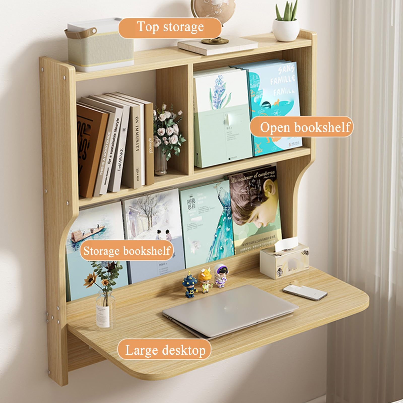SEIFE Mesa de Pared Plegable de Madera，de Madera Mesa Ordenador Plegable de Pared，Estudio y Oficina Mesa pequeña Plegable，Almacenamiento Mesa montada en la Pared，Sala, balcón, Dormitorio(Wood)