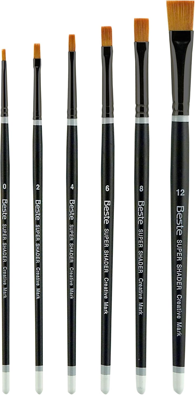 Creative Mark Beste Golden Taklon Super Shader Set of 6 Artist Brushes, Professional Watercolor Brushes, for Acrylic Painting, Short Handle, Sharp Edges, Hand-Tied & Shaped