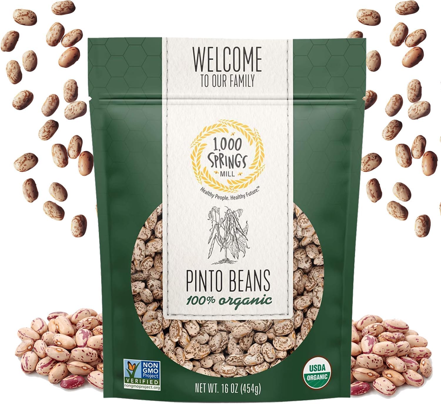 1000 Springs Mill - Organic Pinto Beans | Used for Soups, Stews, Dips, Chili, Burritos, Refried Beans and more | Bulk Dry Brown Beans | Resealable Bag | Vegan Friendly | 16oz (Pack of 1)