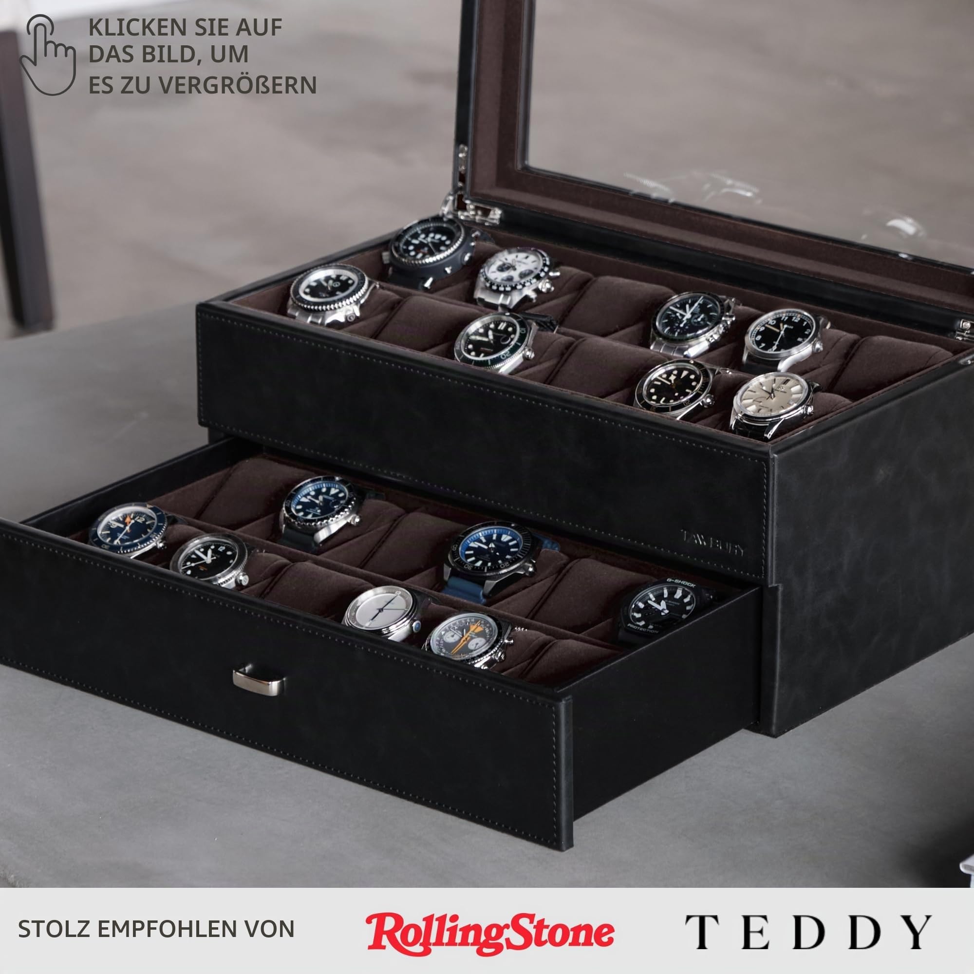 TAWBURY Uhrenbox für Herren – Extra großes Uhrengehäuse mit 24 Schlitzen und Echtglas-Display, abnehmbarer Schublade und 5,1 cm breiten Kissen für große Uhren (Schwarz/Anthrazit)