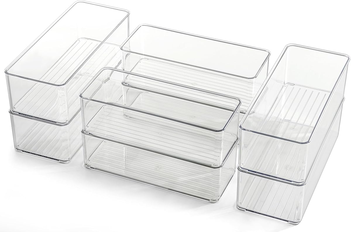 Hudgan Juego de 8 organizadores de cajones de plástico transparente, organizador apilable de cajones profundos para tocador y escritorio de maquillaje, organizador de cajones de baño de 2 tamaños altos