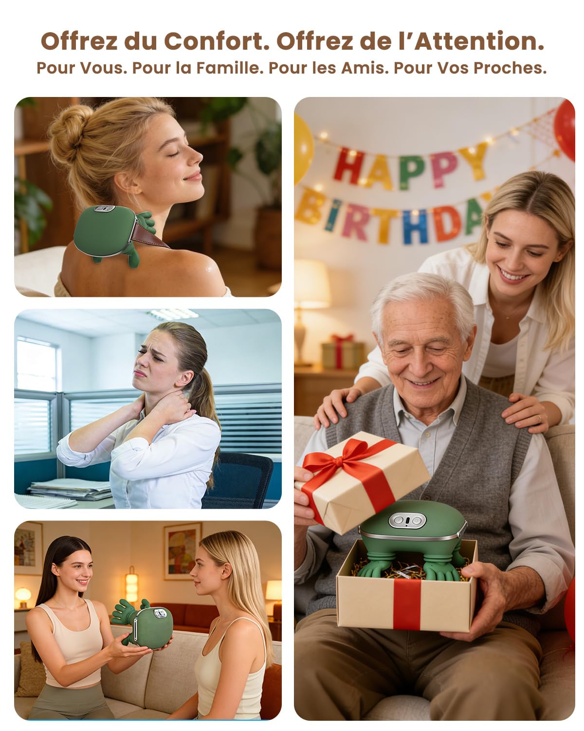 Masseur Cervical, 4D à Main Bionique Massage Cervicales et cou, Grande batterie 4000mAh, Masseur Dos et Cervicales Chauffant & 3 Niveaux d’Intensité, Massage Shiatsu Profond pour Soulager Douleurs