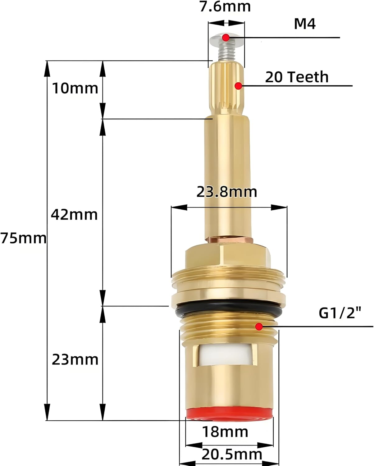 Brass Ceramic Disc Faucet Cartridge Replacement，Quarter Turn G1/2"X 75 mm 20 Teeth Faucet Valve Replacement for Bathroom Kitchen Sink Bathtub Tap Valve Cartridge，1 Pair Hot & Cold (75 mm)