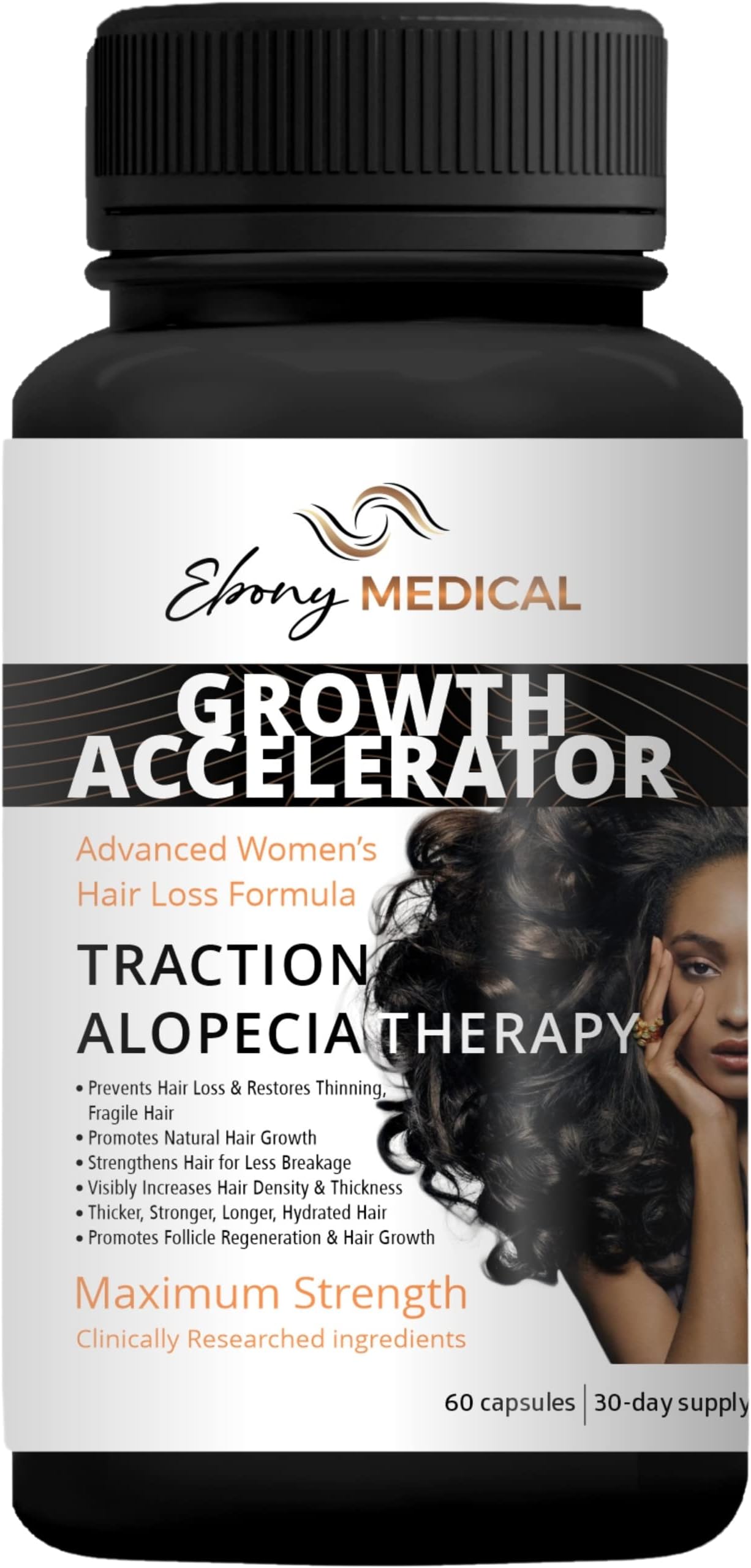 Ebony Medical Hair Regrowth Supplement for Traction Alopecia - Supports Hair Density for Thicker, Stronger, and Longer Hair by Helping with Follicle Regeneration - 30 Day Supply