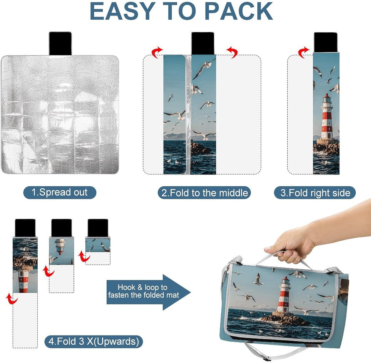 Outdoor Picnic Blanket Extra Large Beach Blanket Waterproof Picnic Mat Lighthouse Flying Seagulls Camping Blanket Portable with Carry Strap Park Blanket for Grass Camping Park