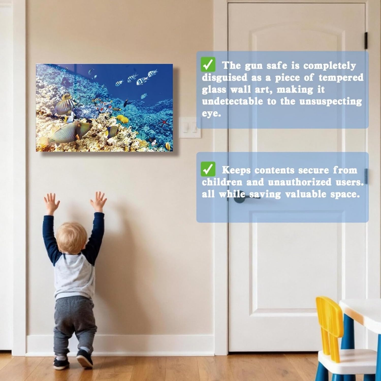 Hidden Gun Safe for Handgun, Pistol Safe with Fingerprint & KEY Access, Seabed Wall Art Glass Hidden Gun Storage with Decor Function For Wall-Mounted, Fathers Day Gift -18.9IN