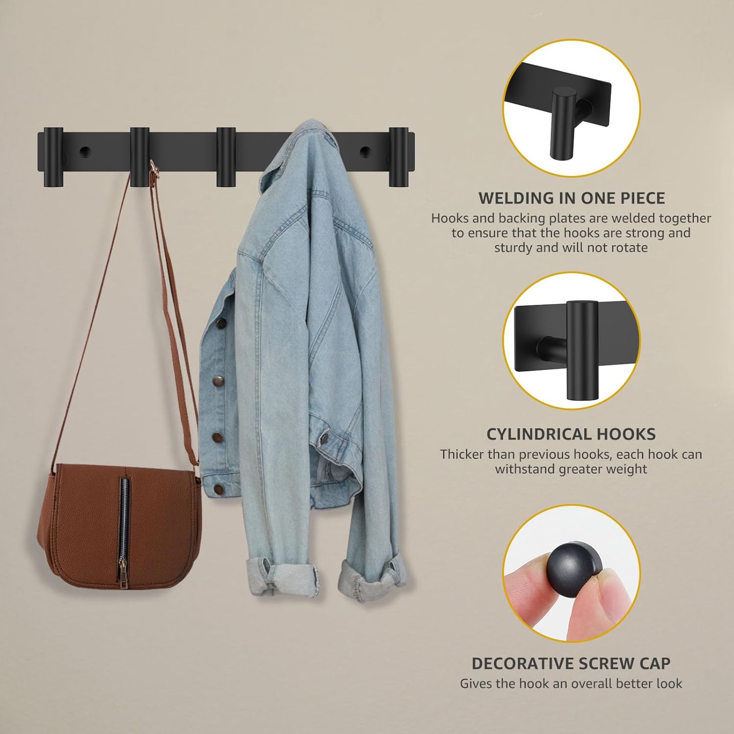 2 Pack Wall Mounted Coat Rack with 5 Hooks,Black Stainless Steel Heavy Duty Wall Hooks, Rustproof Wall Coat Hanger for Coats Hats Towels Bags Keys Bathroom Kitchen Entryway Office