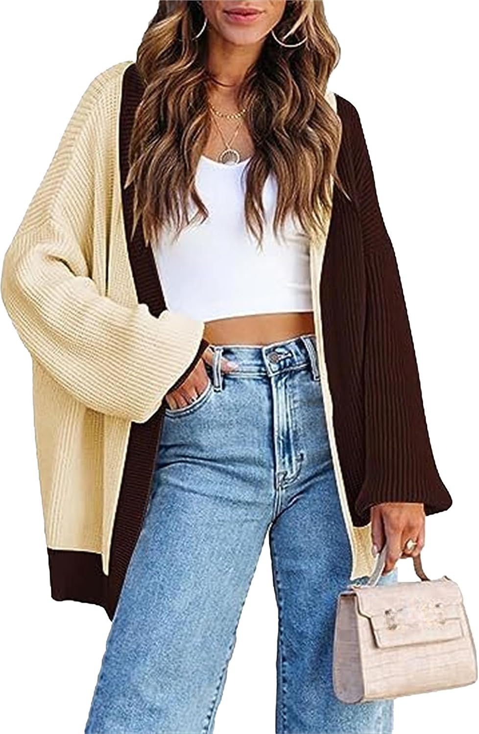 Women's Color Block Cardigan Sweaters 2024 Fashion V Neck Open Front Cardigans Long Sleeve Knit Outerwear