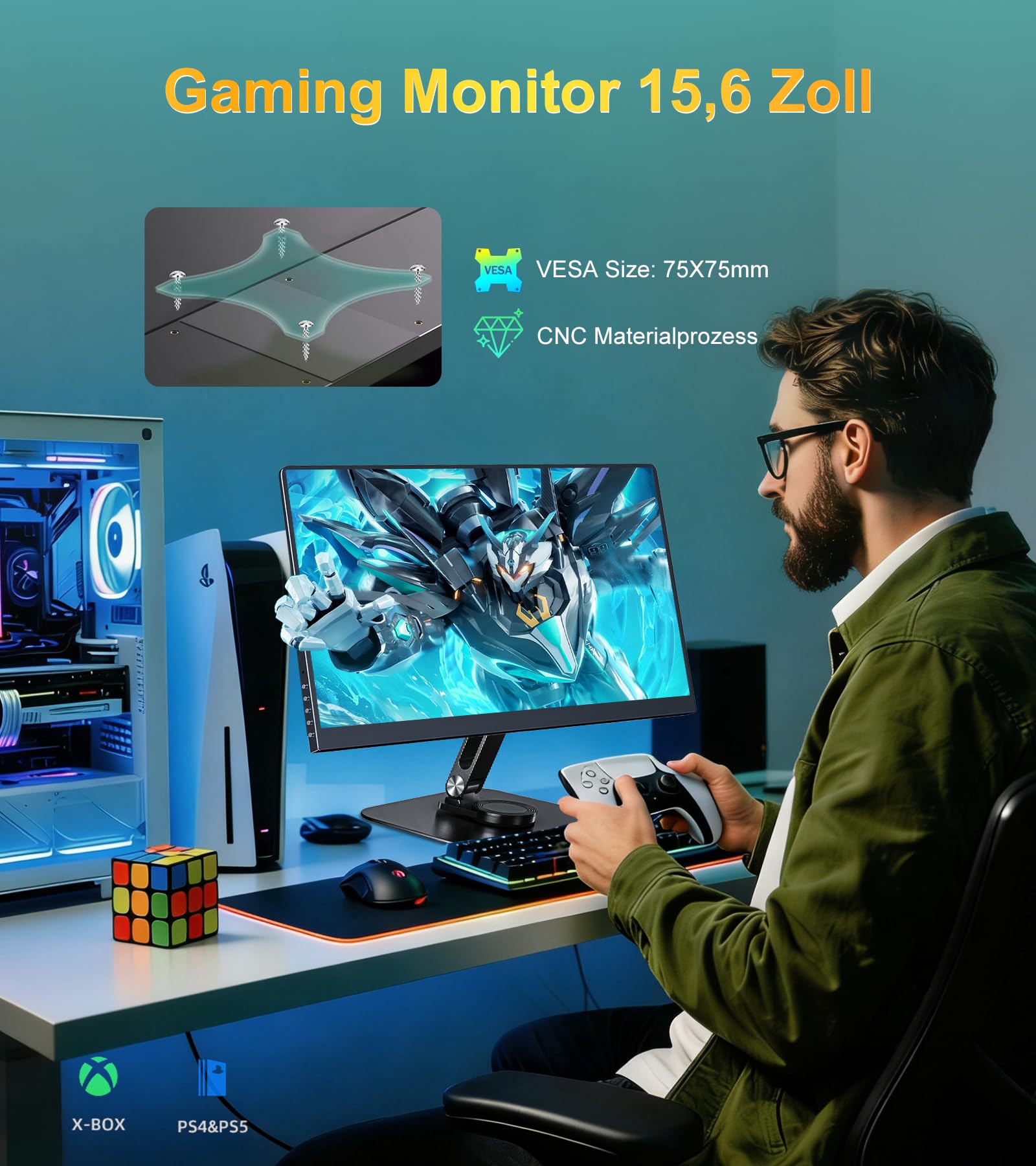 15,6 Zoll 4K UHD 3840 x 2400 Portable HDR Monitor, HDMI 2 USB-C Tragbarer Monitor mit 100% AdobesRGB 1500:1 Kontrast 100% NTSC Display für PC, Laptop, PS5/4, Xbox und Switch, VESA-kompatibel