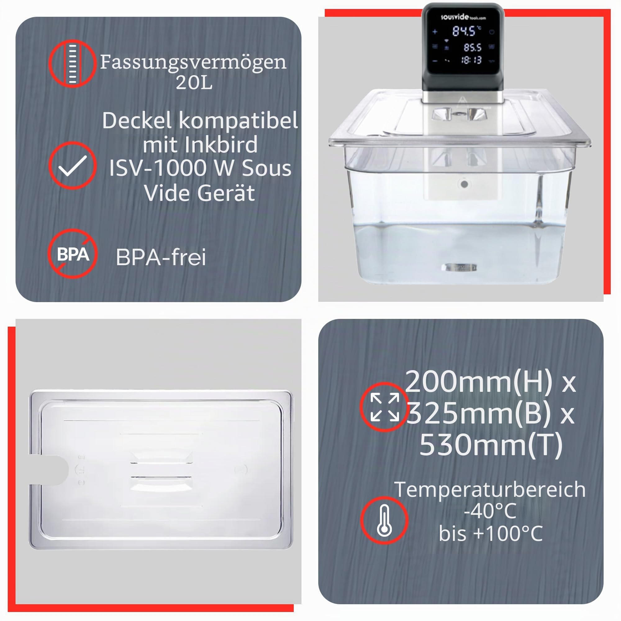 Sous Vide Tools Container aus Polycarbonat, 20 l, mit Deckel für den Sous-Vide-Stick von Anova, nicht-haftend und spülmaschinengeeignet, SVT-PS24GN-ANOVA, For Use With Anova Sous Vide Circulators