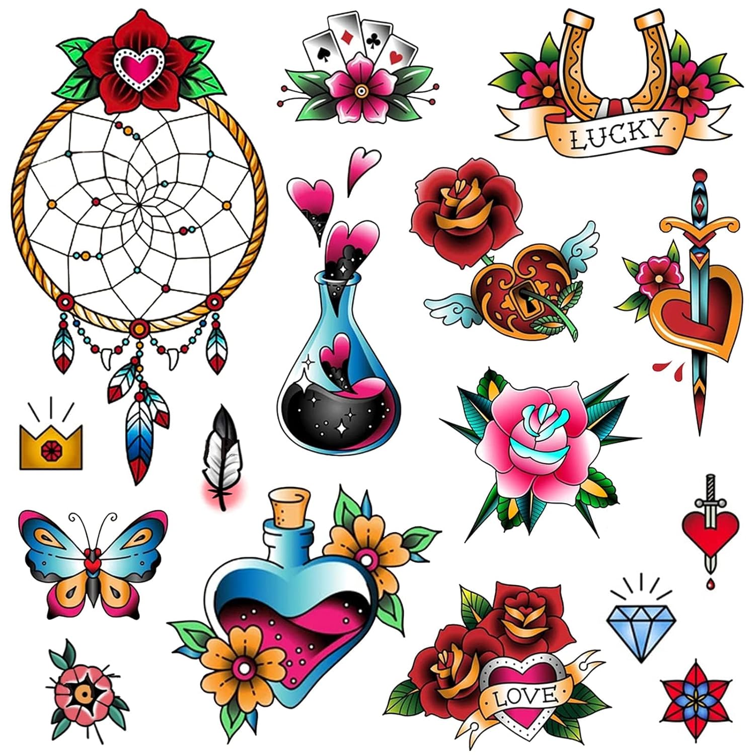 CARGEN Classic Temporary Tattoos - Traditional Old School Vintage Cool Stickers Sailor Jerry Style Dreamcatcher Butterfly Potion Bottle Flower Anchor Sword Poker Diamond Temporary Tattoo Fake Tattoo