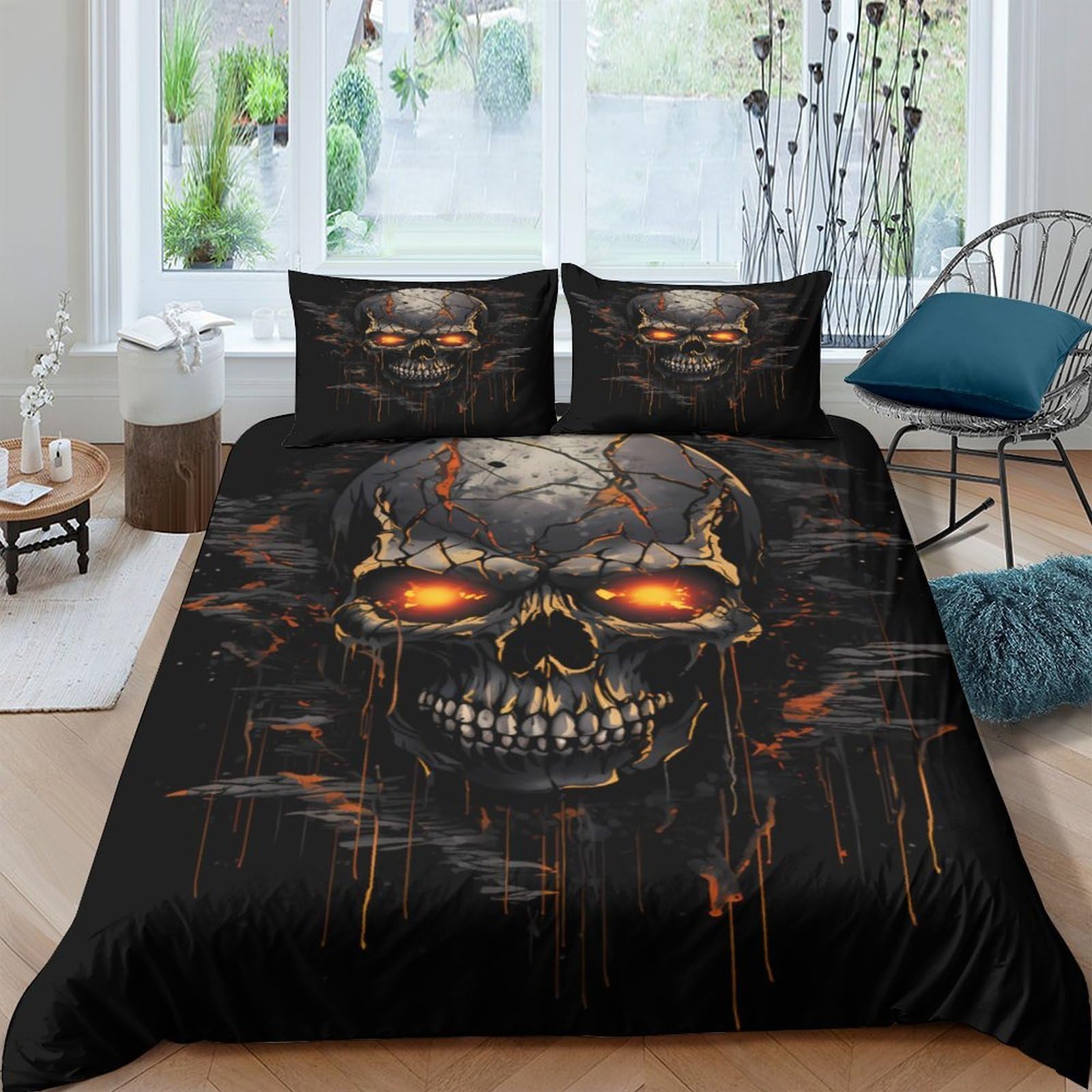 GPLZQXKJNH 3D Printed Skull Flame Duvet Cover Microfiber Soft Breathable Dark Horror Bedding Set with 2 Pillowcases for Bedroom Decor Single（135x200cm）