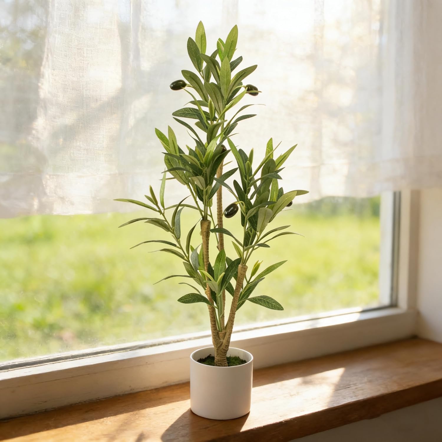 Fake Olive Tree with Pot Indoor, 28“ Small Artificial Olive Branches Stems Potted Greenery Faux Green Plants in Pot for Tabletop Desk Office Bedroom Bathroom Kitchen Living Room Home Decor