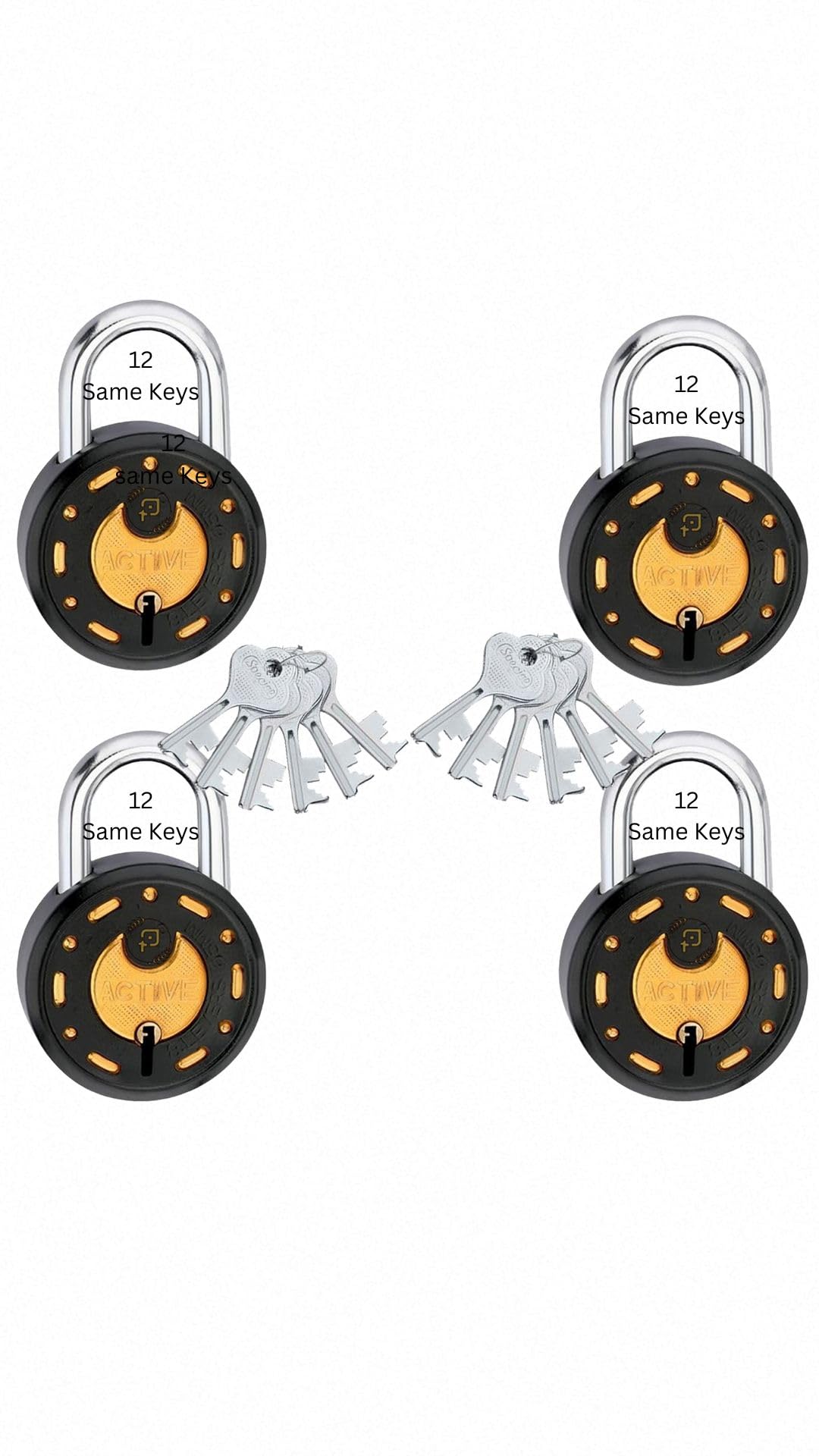 Azco Round Locks Small Size 50mm 12 Same Keys with 4 Padlocks | 7 Levers Double Locking | Lock and Keys for Home Door Shutter Shop Office Main Gate, Black Gold (Pack of 4)-image-25