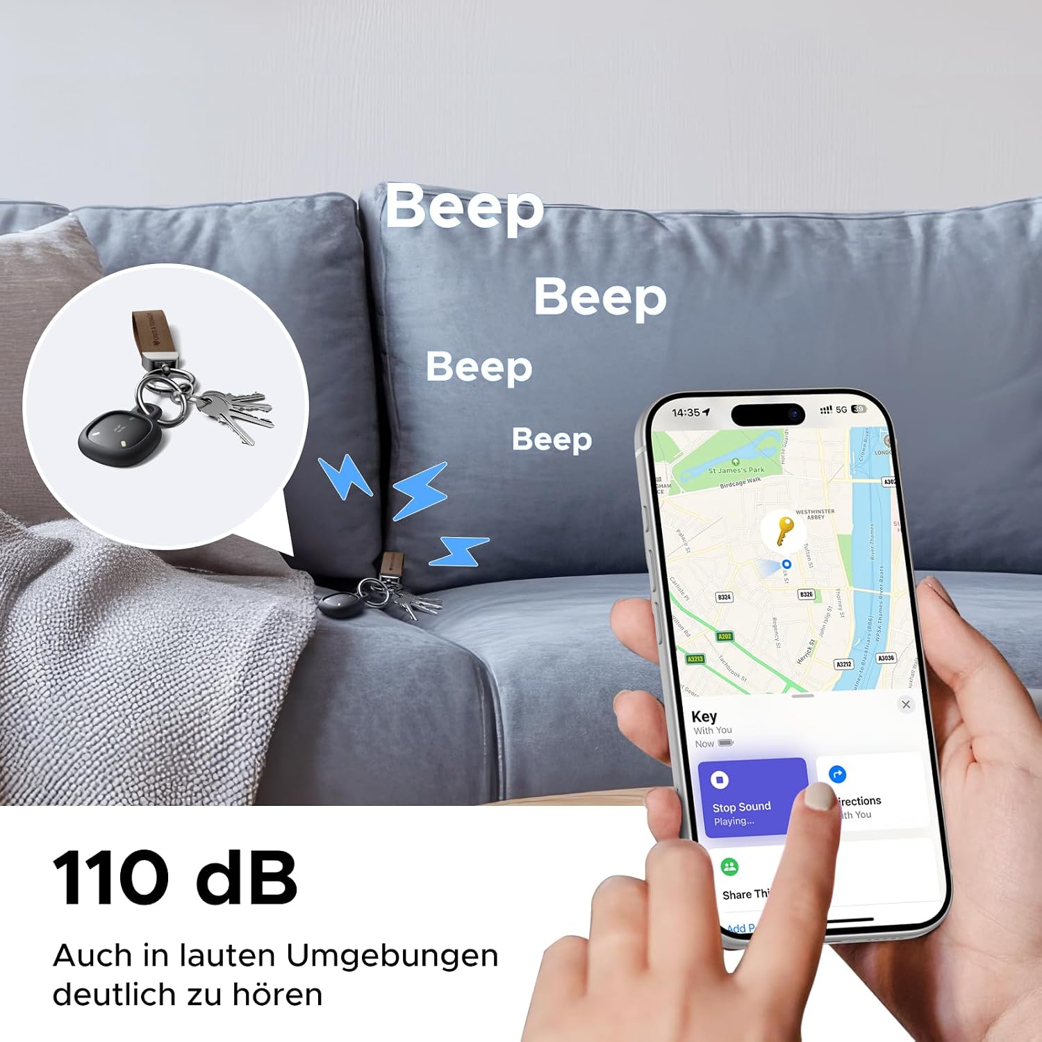 A UGREEN FineTrack Mini Duo 2 Tracker attached to keys, emitting a loud 'Beep' sound, with a smartphone displaying its location on a map.