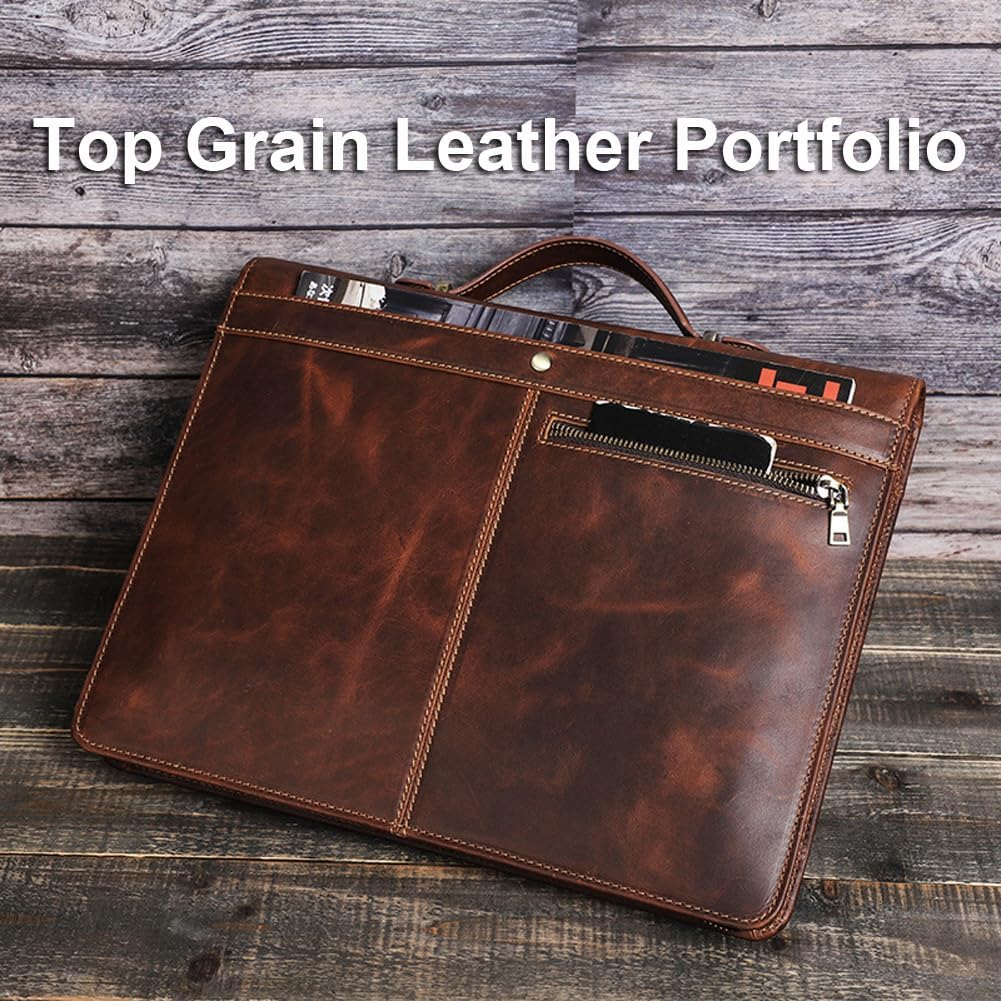 Leather Padfolio for iPad 10.5 Inch, Professional Padfolio Folio Portfolio with AirTag Organizer, Zipper Folio for Men Women, Genuine Leather Binder Business Resume Legal Pad Notebook for A4/Pad
