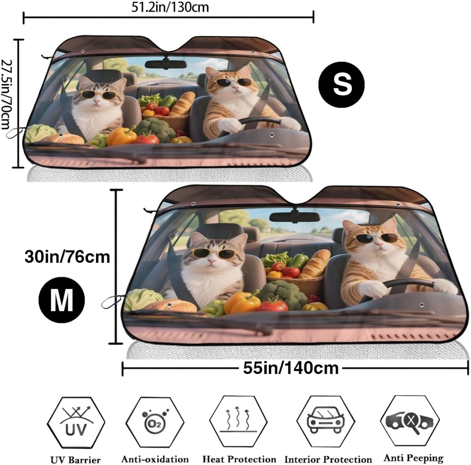 Funny Cats Foods in Cat Windshield Sun Shade for Car Sun Visor Foldable Vehicle Sunshade 30x55 Inch