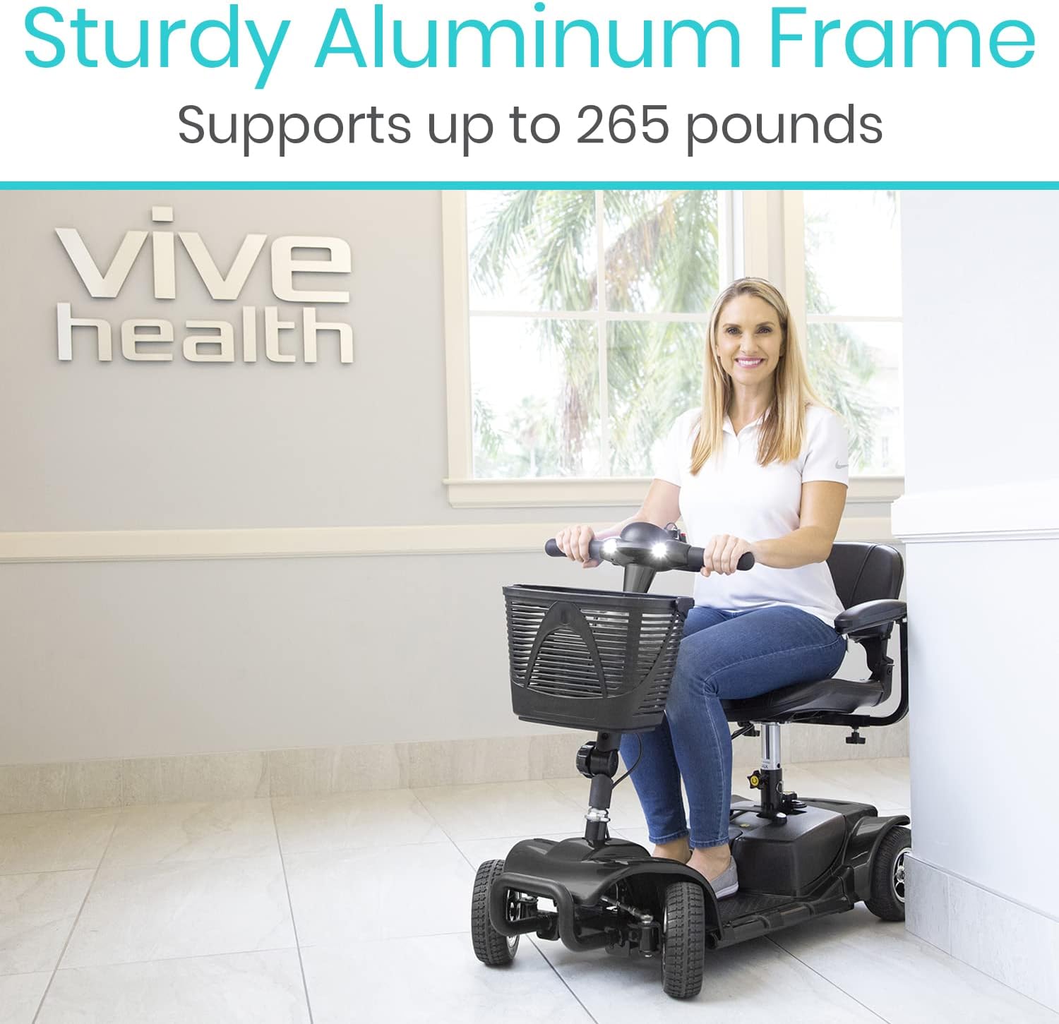 Woman riding Vive Mobility Scooter indoors, showing sturdy frame