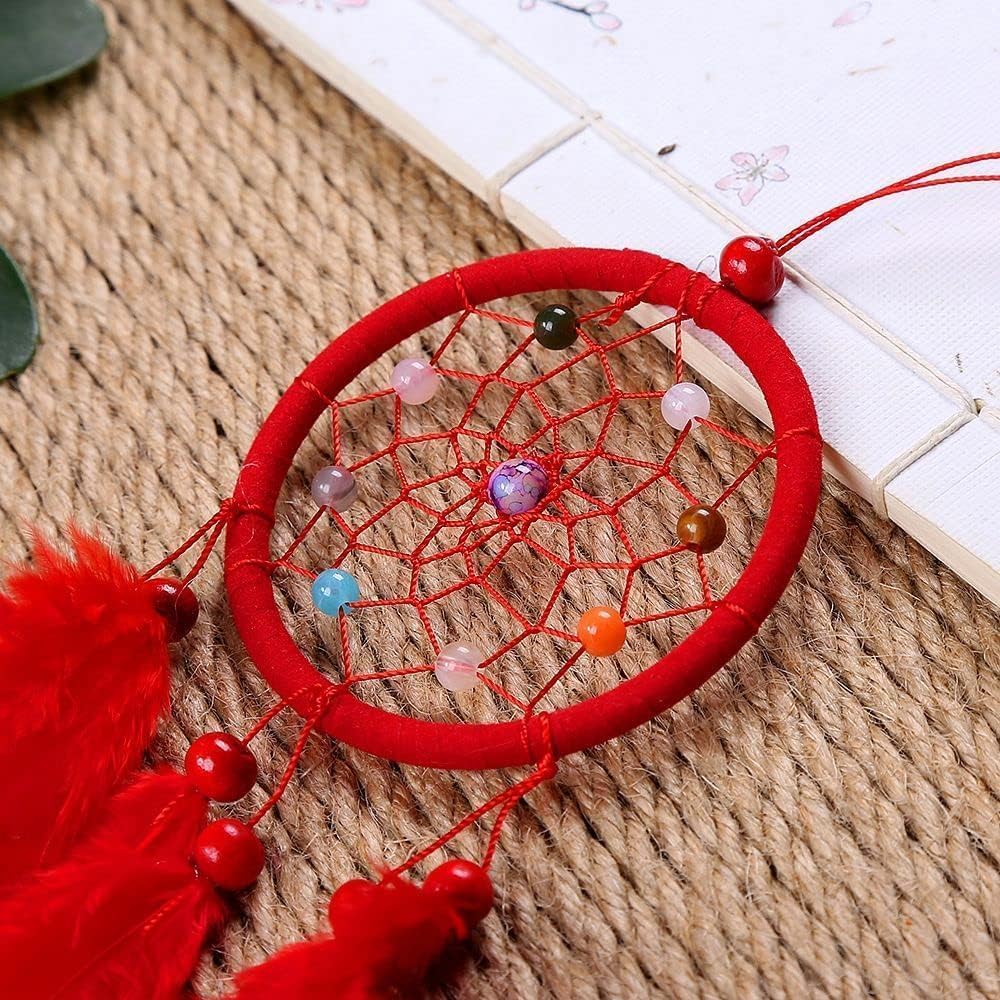 Red Small Dream Catcher with Feathers Wall Hanging Ornament Indian Style Decoration Wind Chimes for Car Home Wall Decor Home and Kitchen Home Decoration