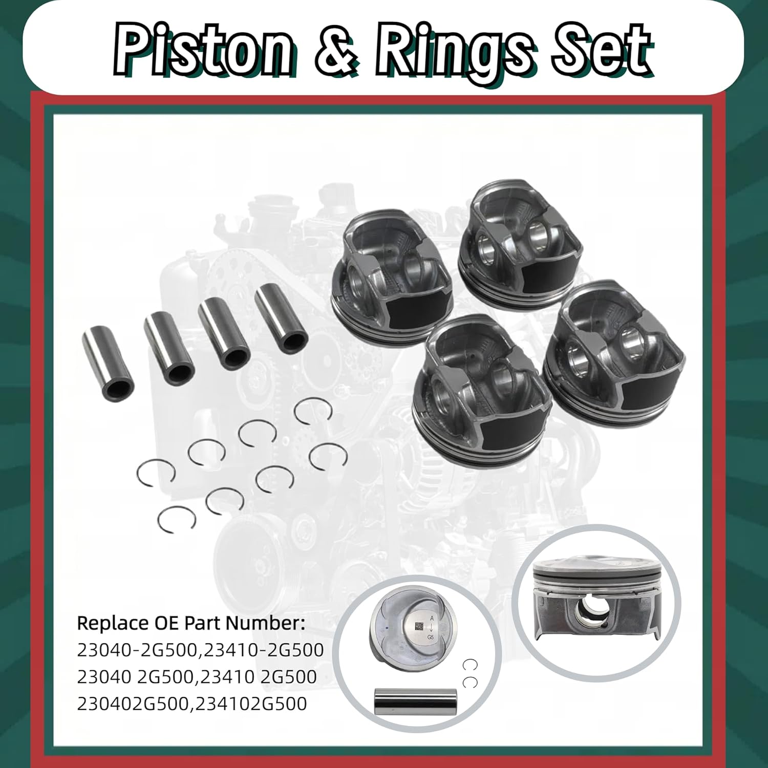 G4KJ 2.4L Engine Rebuild Overhaul Gasket Kit & Pistons Replacement Fit for Hyundai KIA Optima Tucson Sorento Sportage 2011-2020 GDI 23410-2G500 21020-25120