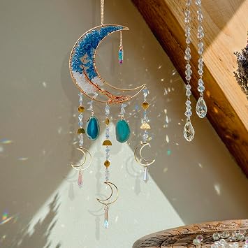 Moon Wind Chimes with Handcrafted Crystal Tree for Home Wall Decor Aesthetic, Dorm Wall Decor, Iridescent Decor, Crystal Sun Catchers, Unique Gift for Women, Teen Girl Gift