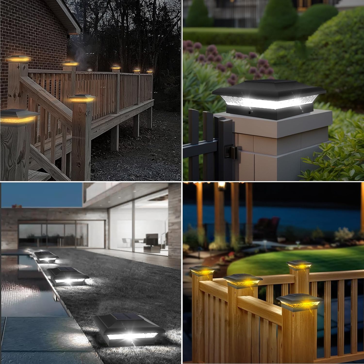 Lot de 6 lampes solaires pour poteau - 2 modes - Capuchons de poteaux solaires d'extérieur - Capuchons de poteaux solaires étanches - Pour poteaux en bois de 9 x 9,10 x 10 cm - Pour jardin