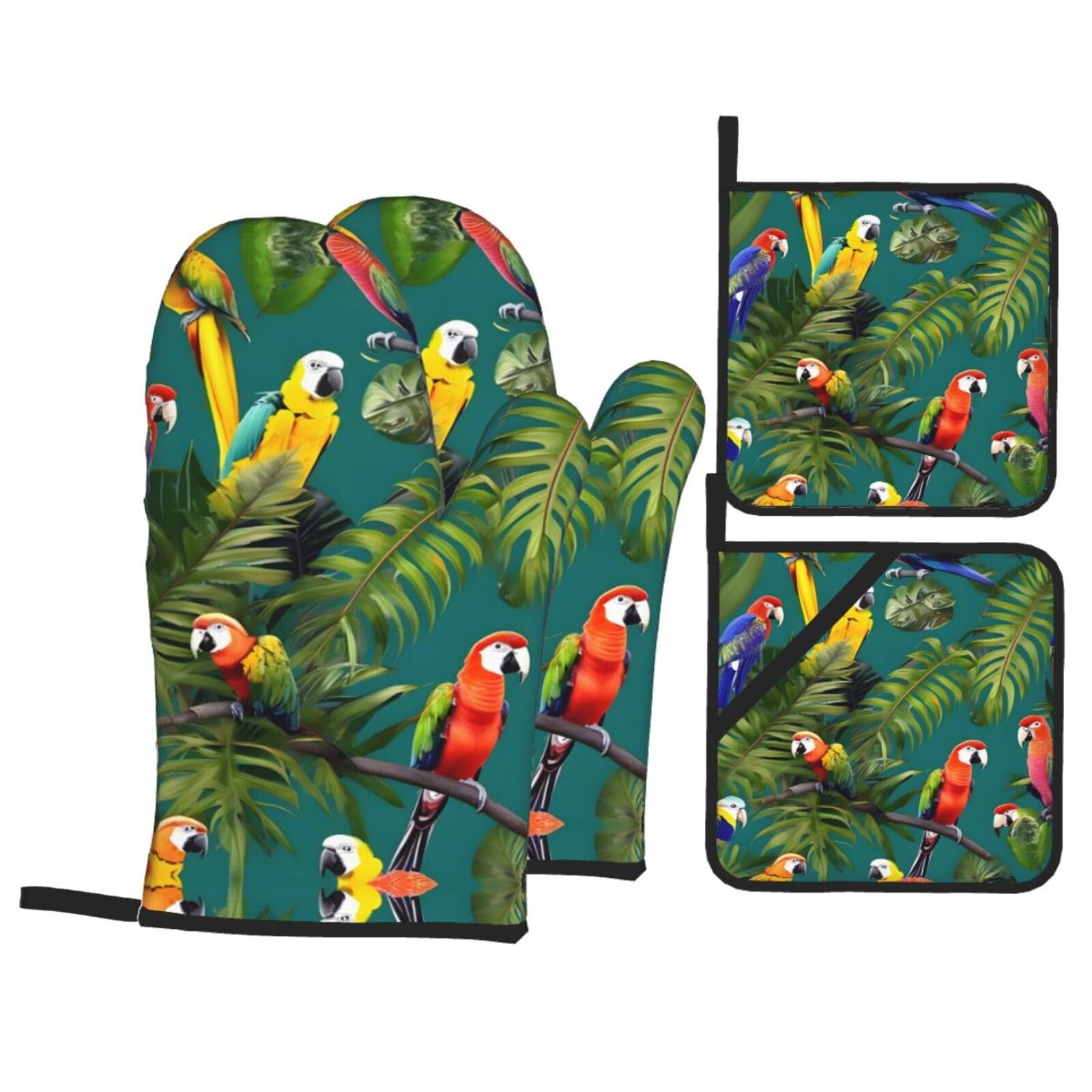 Tropical Plants and Parrots Print Oven Mitts,Pot Holders, Heat Resistant Oven Mitts Gloves,Hot Pads for Kitchen Cooking Grill