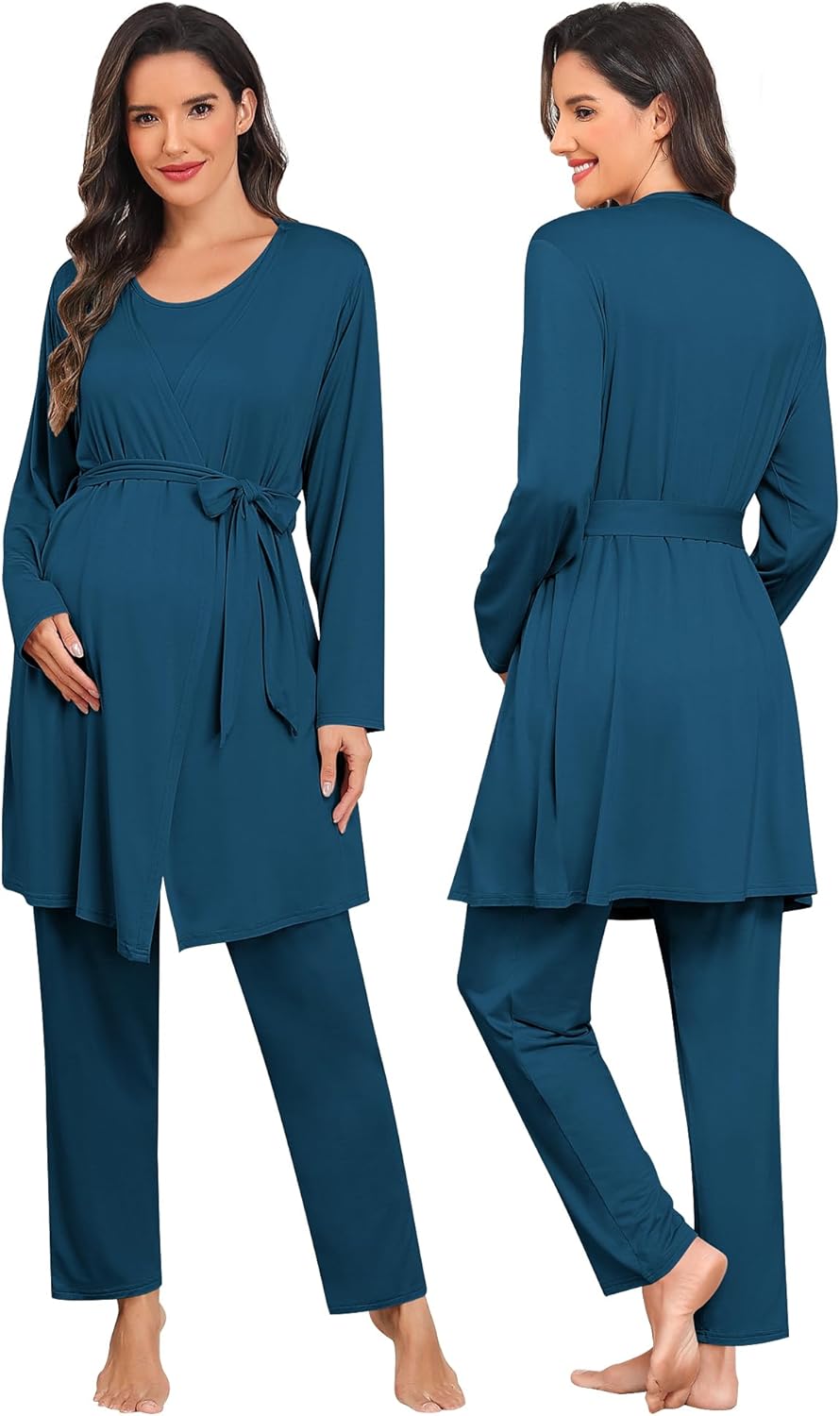 SWOMOG Maternity Nursing Robe Set 3 PCS Postpartum Breastfeeding Pajamas Lounge Hospital Pregnancy Pjs with Robe