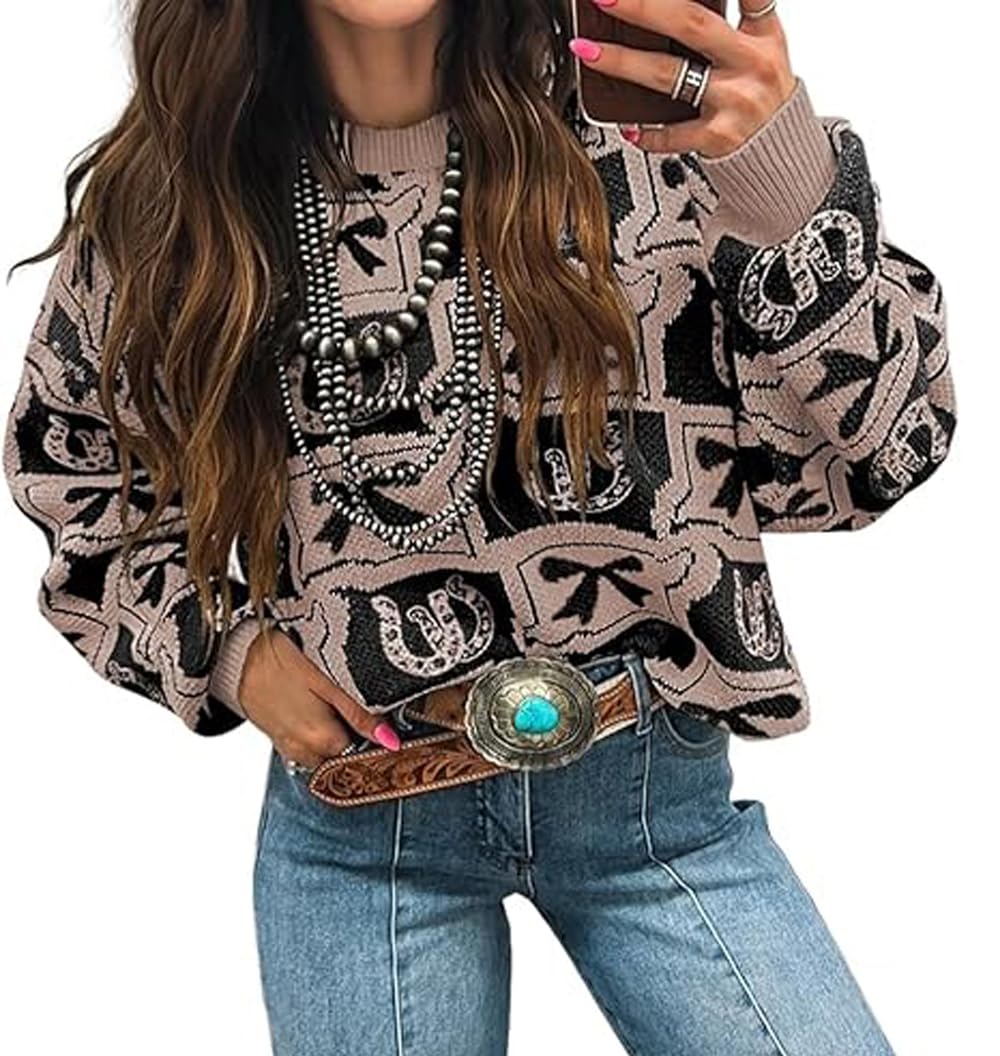 SELINK Womens Western Bows Horseshoes Pullover Sweater Tops Pattern Fashion Print Long Sleeve Round Neck Daily Sweater