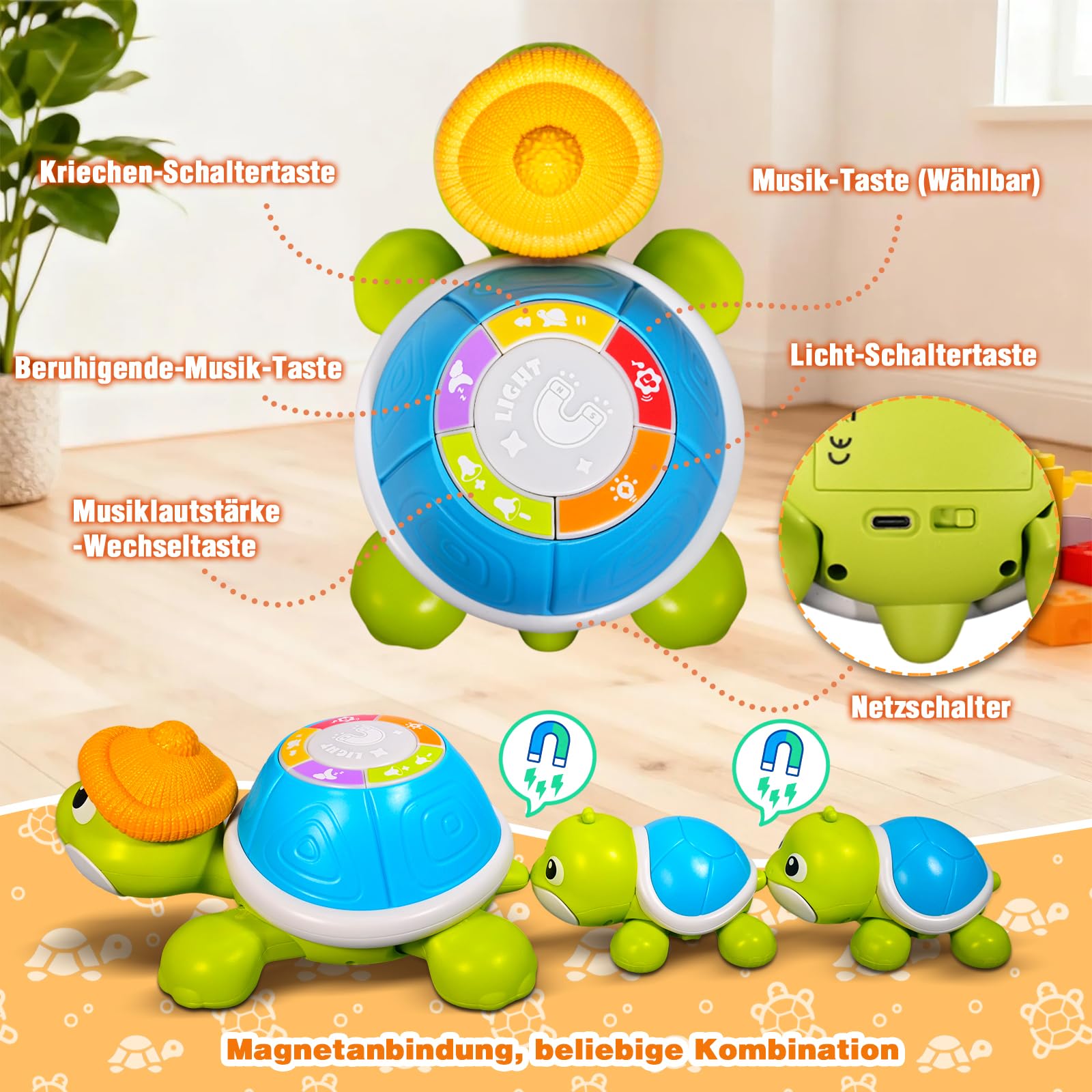 HILKKET Baby Krabbel Spielzeug ab 3 6 9 Monate, 3 PCS Schildkröten Krabbelspielzeug mit Licht und Musik, Frühkindliches Lernspielzeug, Tummy Time Baby Toys, Neugeborenes Spielzeug Geschenk