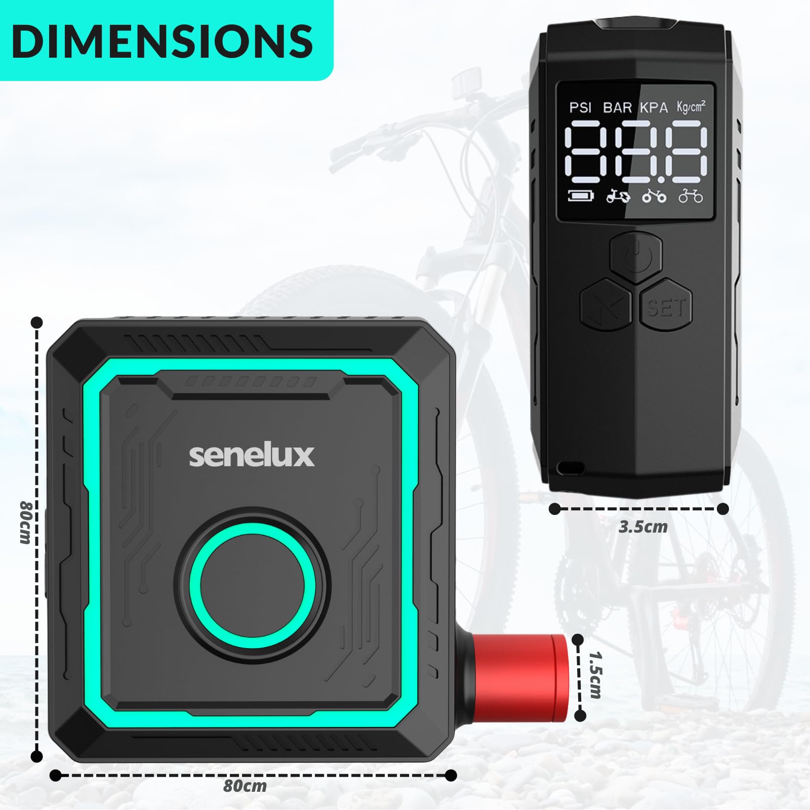 Senelux Mini pompa elettrica per bici da 150 psi, compressore d'aria portatile senza fili, con manometro digitale, arresto automatico e preset intelligenti, ricaricabile USB-C, per bici da strada con