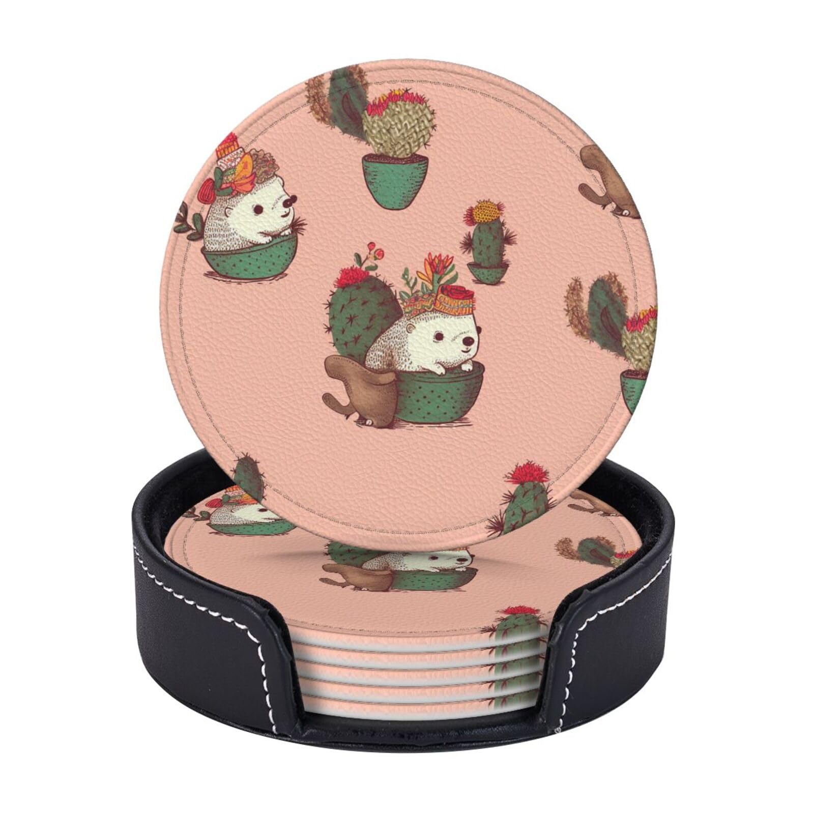 6PCS Drink Coasters with Holder, 4" Leather Coasters for Drinks, Hedgehog and Cactus Cup Coasters for Coffee Table Decor, Non-Slip Drinking Cup Mat for Hot or Cold Drink