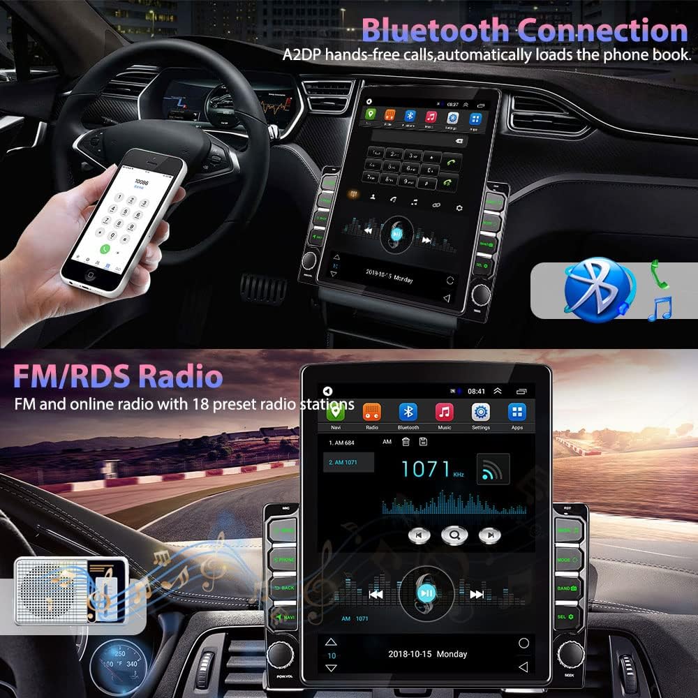 Image showing a smartphone connected via Bluetooth to the car stereo for calls and music, and the FM/RDS radio interface.