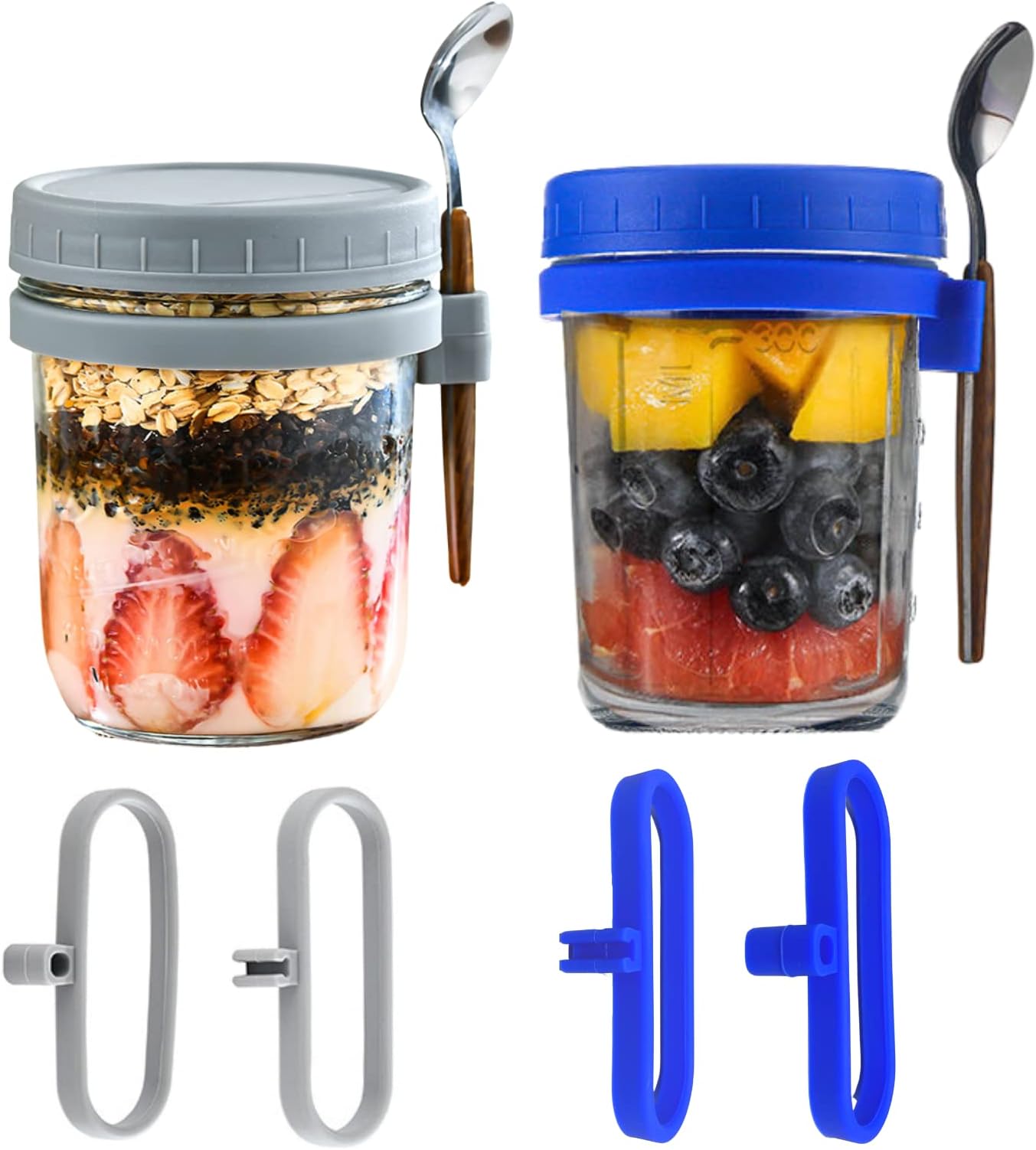 Mason Jars for Overnight Oats, Overnight Oats Container with Lids, Spoon,Upgrade Fixed Silicon Spoon Clip and Open-Type Ring,10 Oz Airtight Oatmeal Glass Jars for Meal Prep Yogurt Parfait On The Go