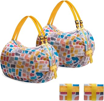 Fashion & Lifestyle 2 PCS Reusable Grocery Bags, Portable Shopping Bags,Foldable Washable Shopping Bags Large Capacity Waterproof storage bag Yellow Belt