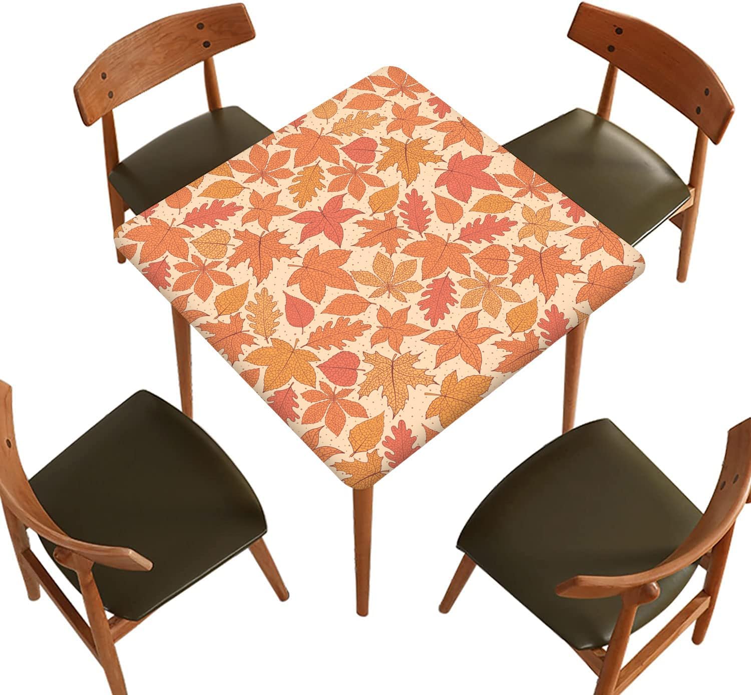 Autumn Square Fitted Polyester Tablecloth, Fall Yellow Maple Leaf Elastic Edge Decor Table Cover, Stain Resistant Washable Table Cover for Garden Patio Picnic Use, Fit for 42" x 42" Square Table
