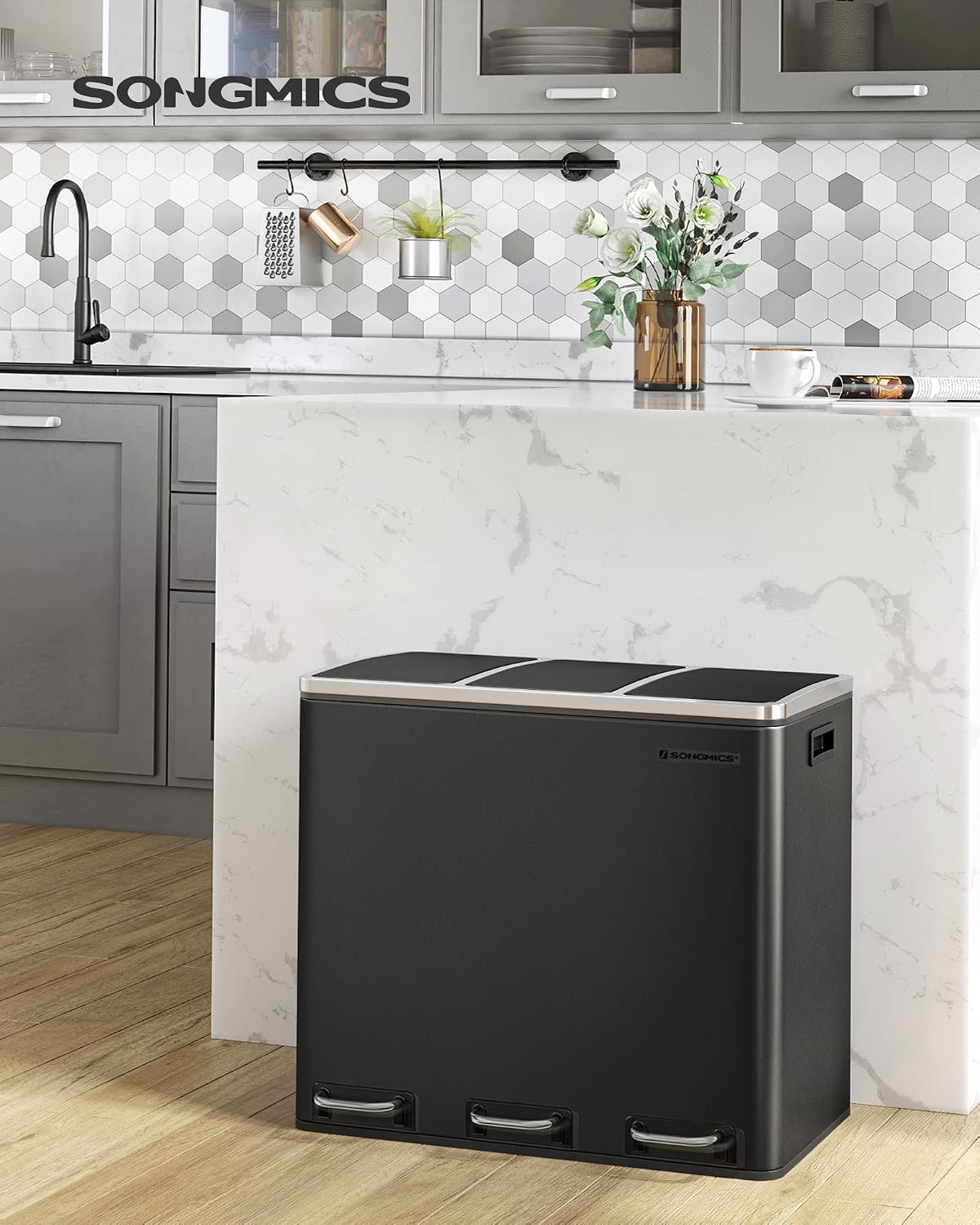 SONGMICS Trash Can, 3 x 4.8 Gallon Garbage Can, 14.4 Gallon Recycle Bin with Soft-Close Lids, Pedals, and Inner Buckets for Kitchen, Stainless Steel, Black ULTB154B01