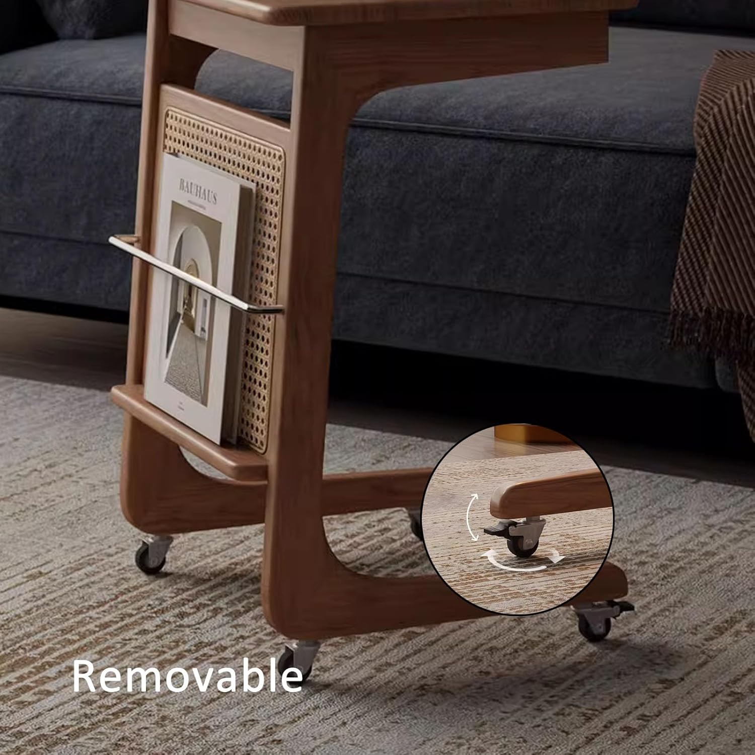 JKGHK Sweeping Robot Stand Rack, Reversible Robot Vacuum Stand Storage Rack, Entryway Hallway Robots Vacuum Cleaner Shelf with Wheels, C-Shaped End Side Tables(Natural,60cm/23.6in)