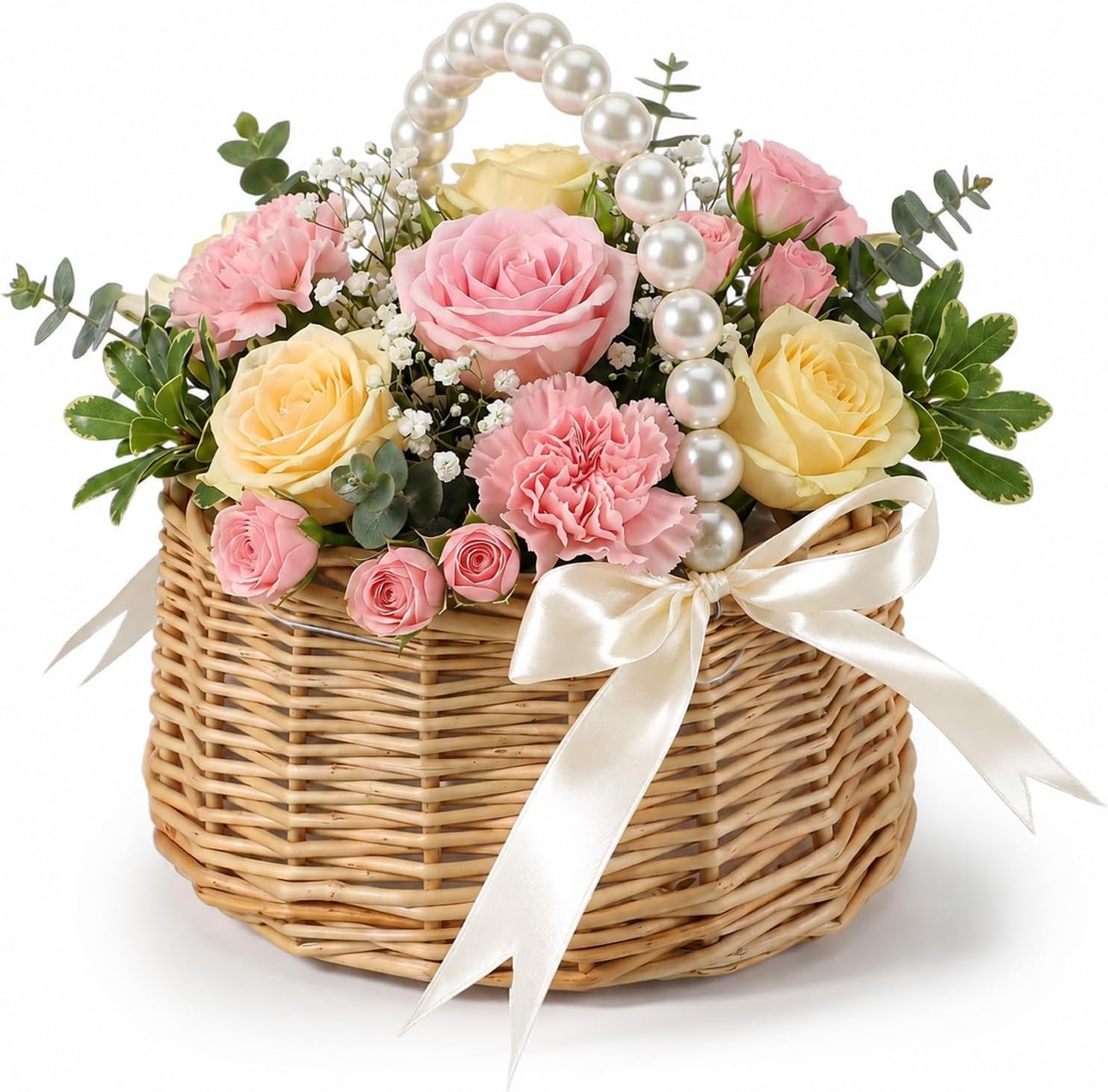 Wedding Flower Basket, Wicker Rattan Flower Girl Basket with Handle, Bow Pearl Handle Small Flowers Baskets for Wedding Party Home Garden Decoration Outdoor Picnic