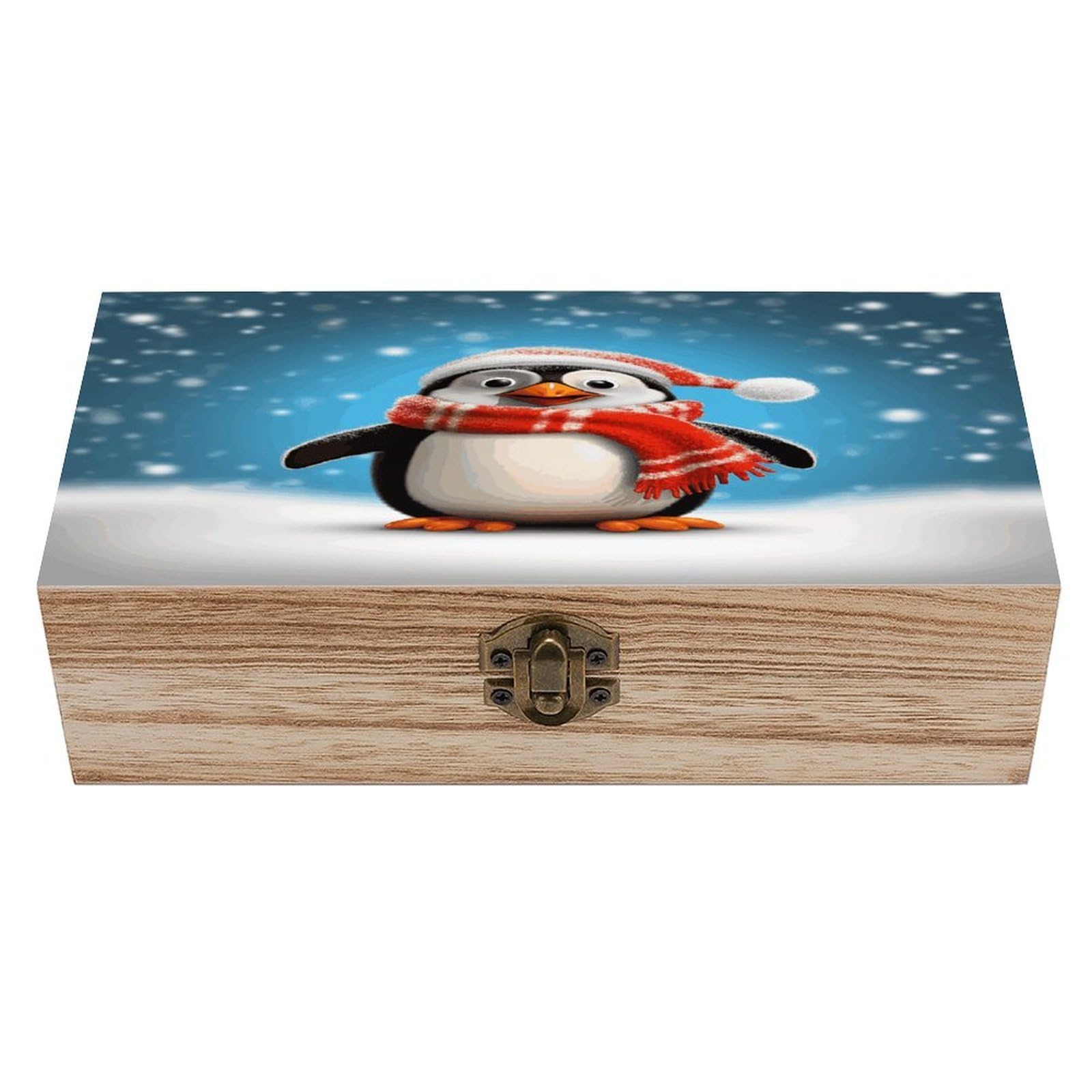 JTREHY Christmas Funny Penguin Wooden Keepsake Box Vintage-Style Wood Keepsake Case with Hinged Lid Solid Wood Boxes Beautifully Memory Treasure Case Vintage-Style Wooden Storage Box
