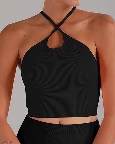 Vista 4 de Sunzel Free to Be - Camiseta sin mangas, acanalada, sin costuras, espalda cruzada, sin relleno, para entrenamiento, gimnasio, yoga